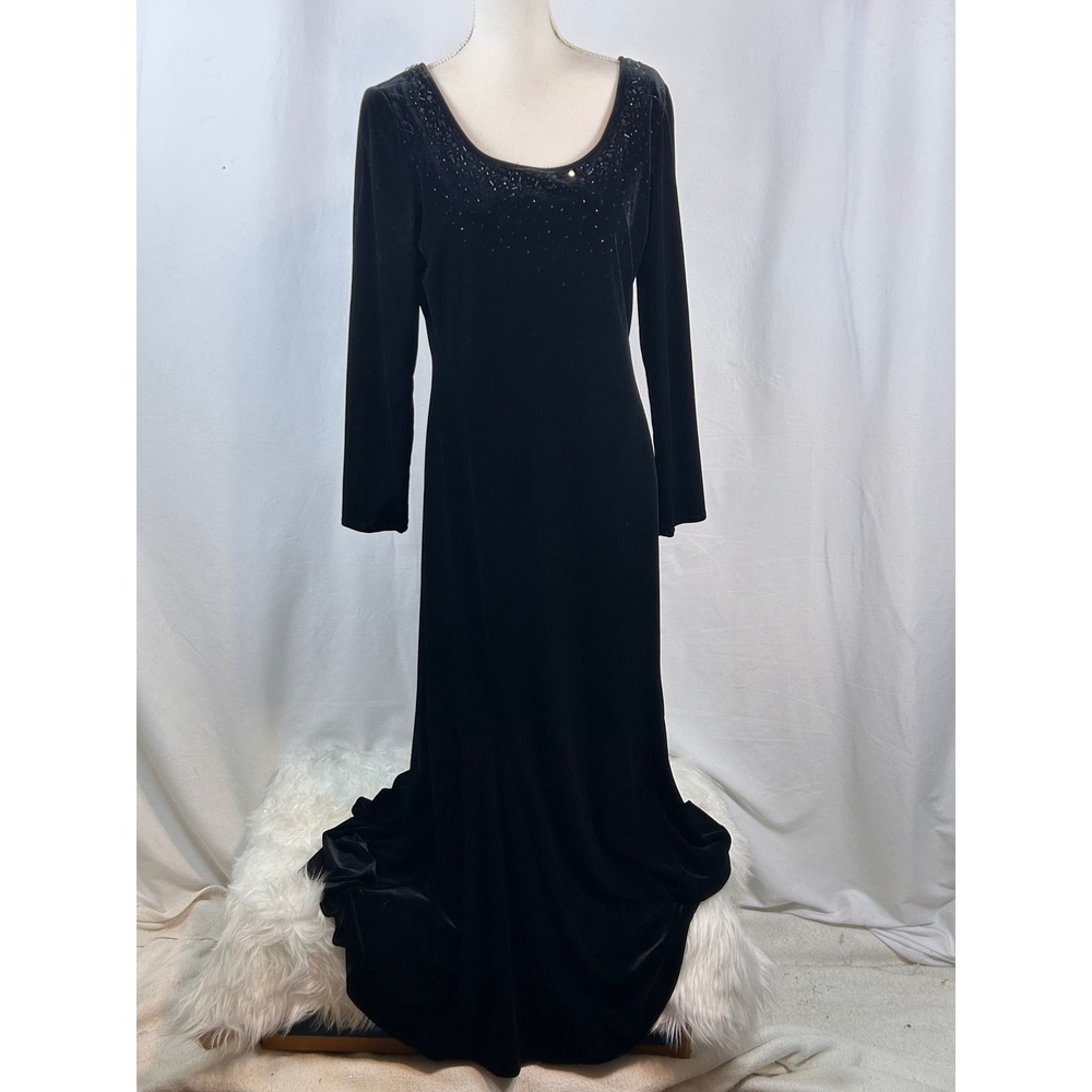 JR Nites Velvet Maxi Dress Womens L Black Excellent Beaded Sequin Formal Gown